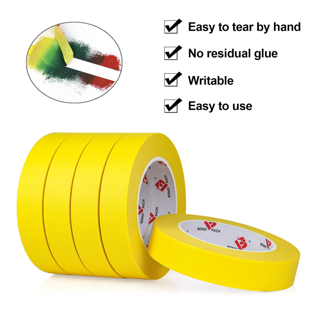 BOMEI PACK Yellow Painters Tape 1 Inch Bulk - Paint Tape 6 Rolls x 1 Inch x 60 Yards - Painter's Tape Yellow Masking Tape for Walls Painting, DIY Crafting, and School Projects, Total 360 Yards