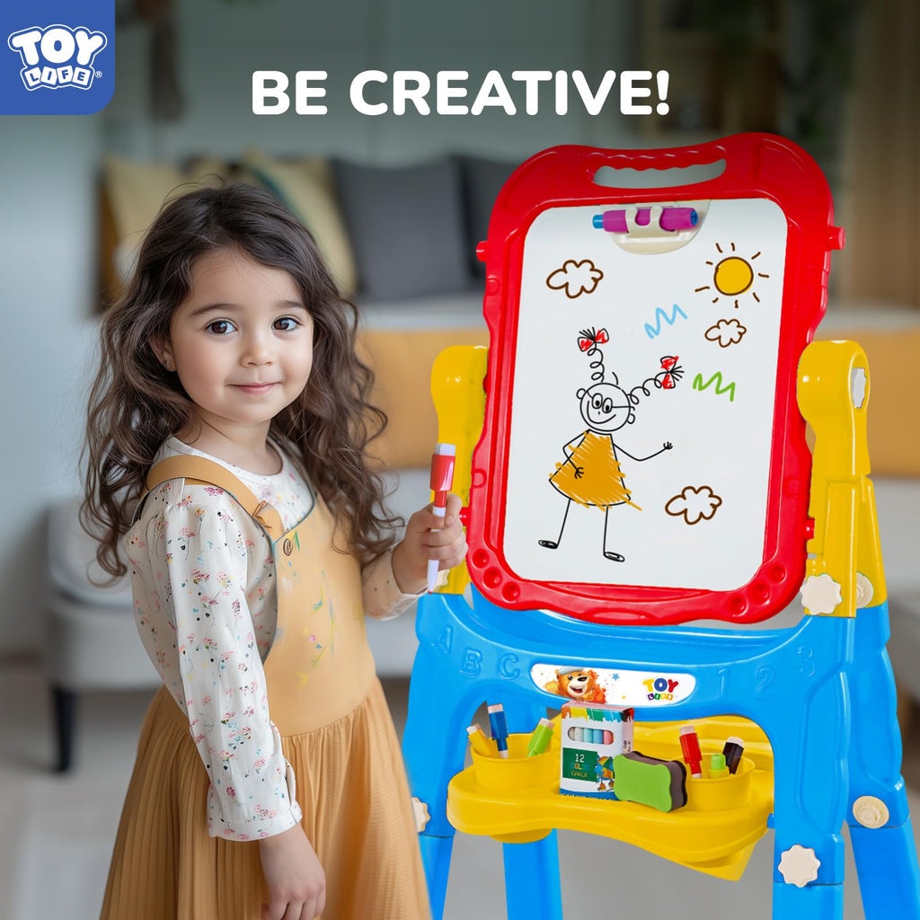 STEAM Life Large Art Easel for Kids, Double-Sided 4In1 Toddler Easel with Rotable Magnetic Chalkboard & White Drawing Board, Height Adjustable with Magnetic Letters & Numbers Gifts for Boys and Girls