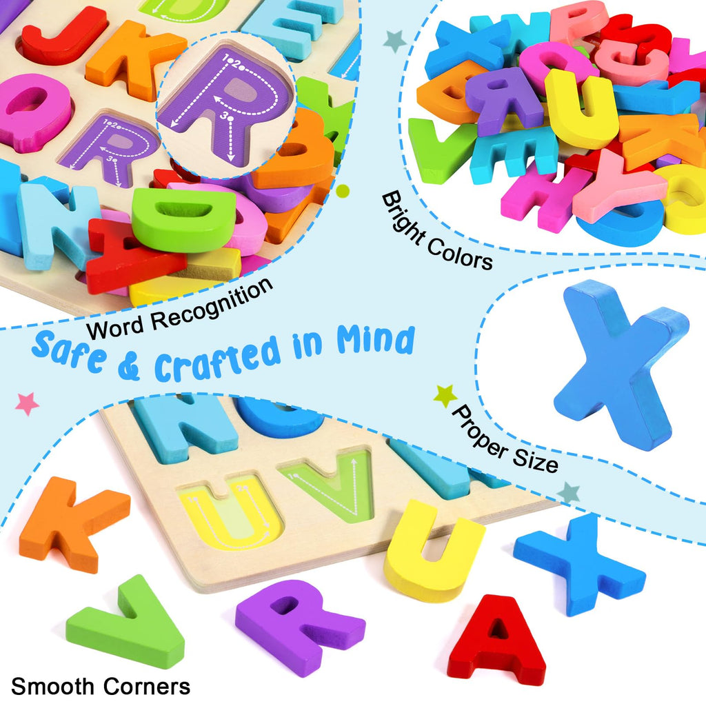 Attmu Wooden Puzzles for Toddlers, 2 Pcs Alphabet ABC Shape Number Puzzle