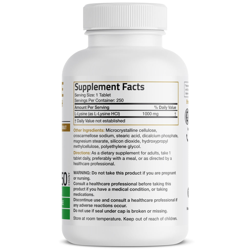 Bronson L-Lysine Extra Strength 1000 MG per Tablet High Potency, Immune Support & Supports Collagen Synthesis, Non-GMO, 250 Vegetarian Tablets