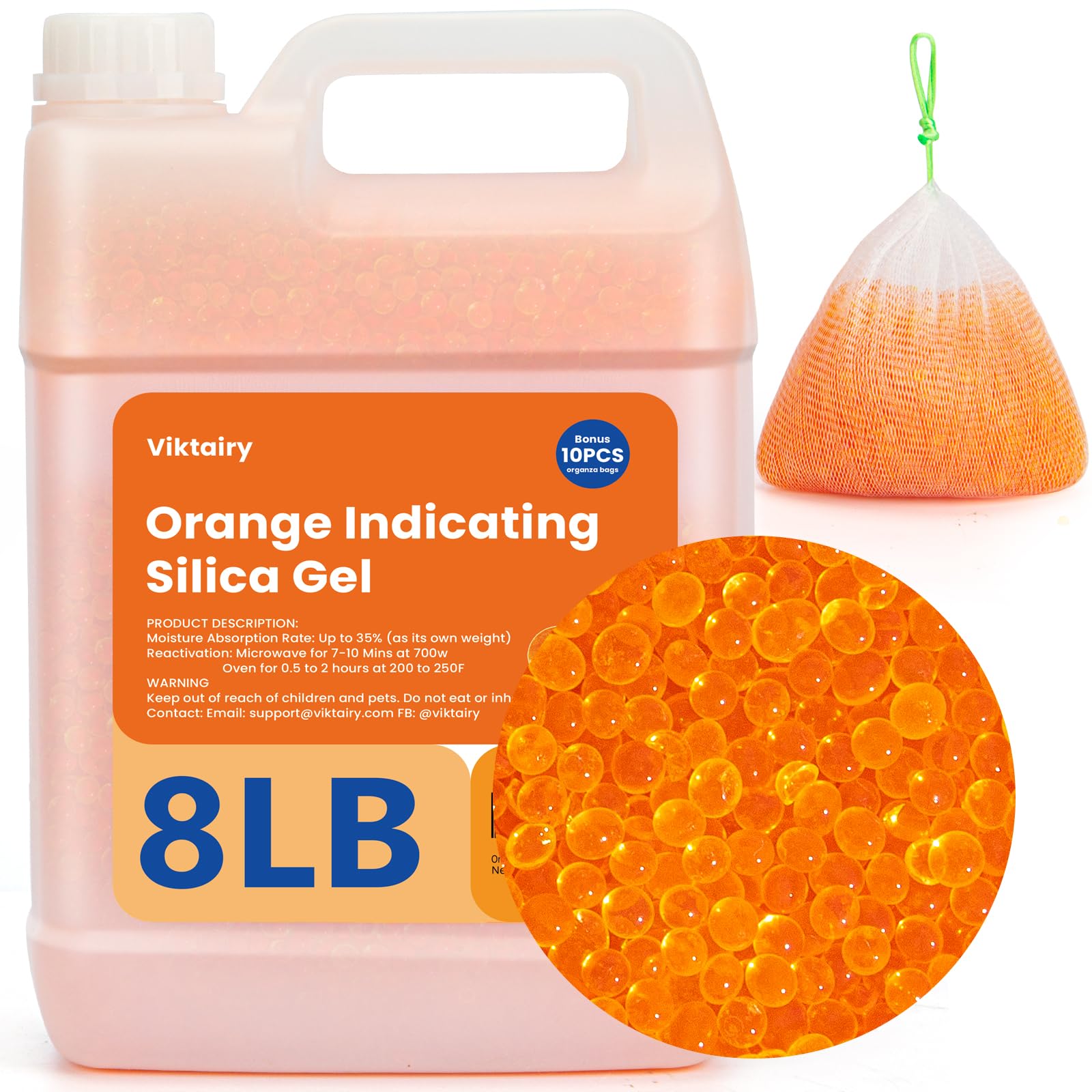 8LBS Silica Gel Desiccant Beads, Premium Orange Indicating Reusable Desiccant Bulk, Industry 3-5 mm Silica Beads Dehumidifier for 3D Filament, Electronic Devices, Camera, Jewelry, Safe (10PCS Bags)