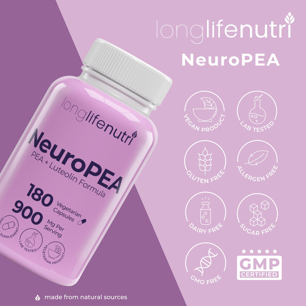 LongLifeNutri NeuroPEA (Palmitoylethanolamide + Luteolin 800mg/100mg) – Organic Supplement for Nerve Performance, 180 Vegetarian Capsules, 3-Month Supply, GMP Certified, USA Made
