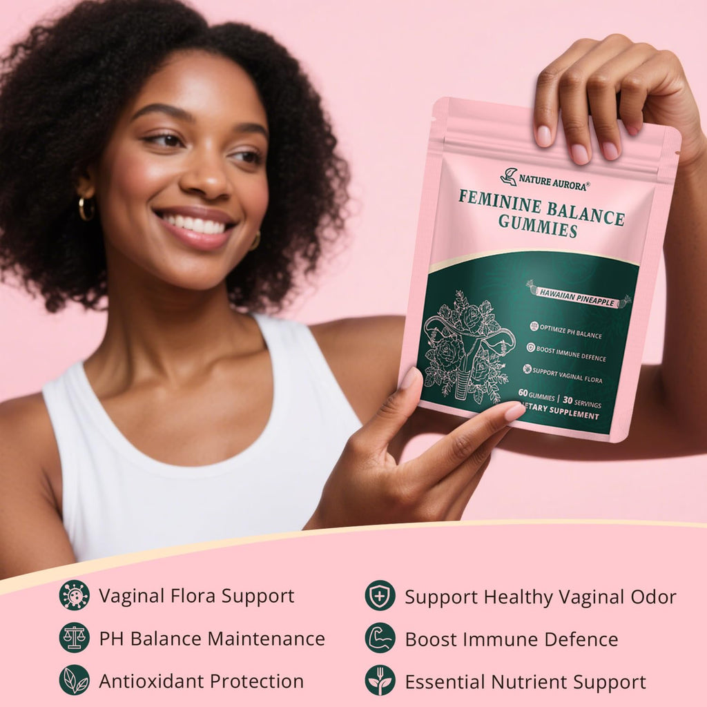 Nature Aurora Premium Feminine Balance Gummies - Women's pH Balance & Vaginal Probiotics Support with Immune Support - Vegan, Gluten-Free - Hawaiian Pineapple Flavor - 60 Count