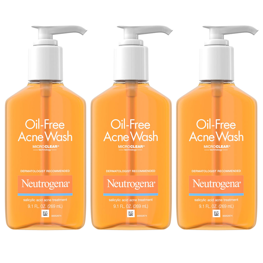 Neutrogena Oil-Free Acne Wash, Acne Fighting Facial Cleanser with Salicylic Acid Medicine, Acne Treatment for Face, Non-Comedogenic, Residue-Free, 9.1 fl oz Pump Bottles, 3 Pack