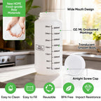 DEMORA Plastic Bottles with Airtight Caps 32oz/1000ml, Food Grade Wide Mouth Liquid Containers, Reusable HDPE Graduated Plastic Bottles for Water Sample Lab Reagent Liquids Mixing (Translucent, 2 Pcs)
