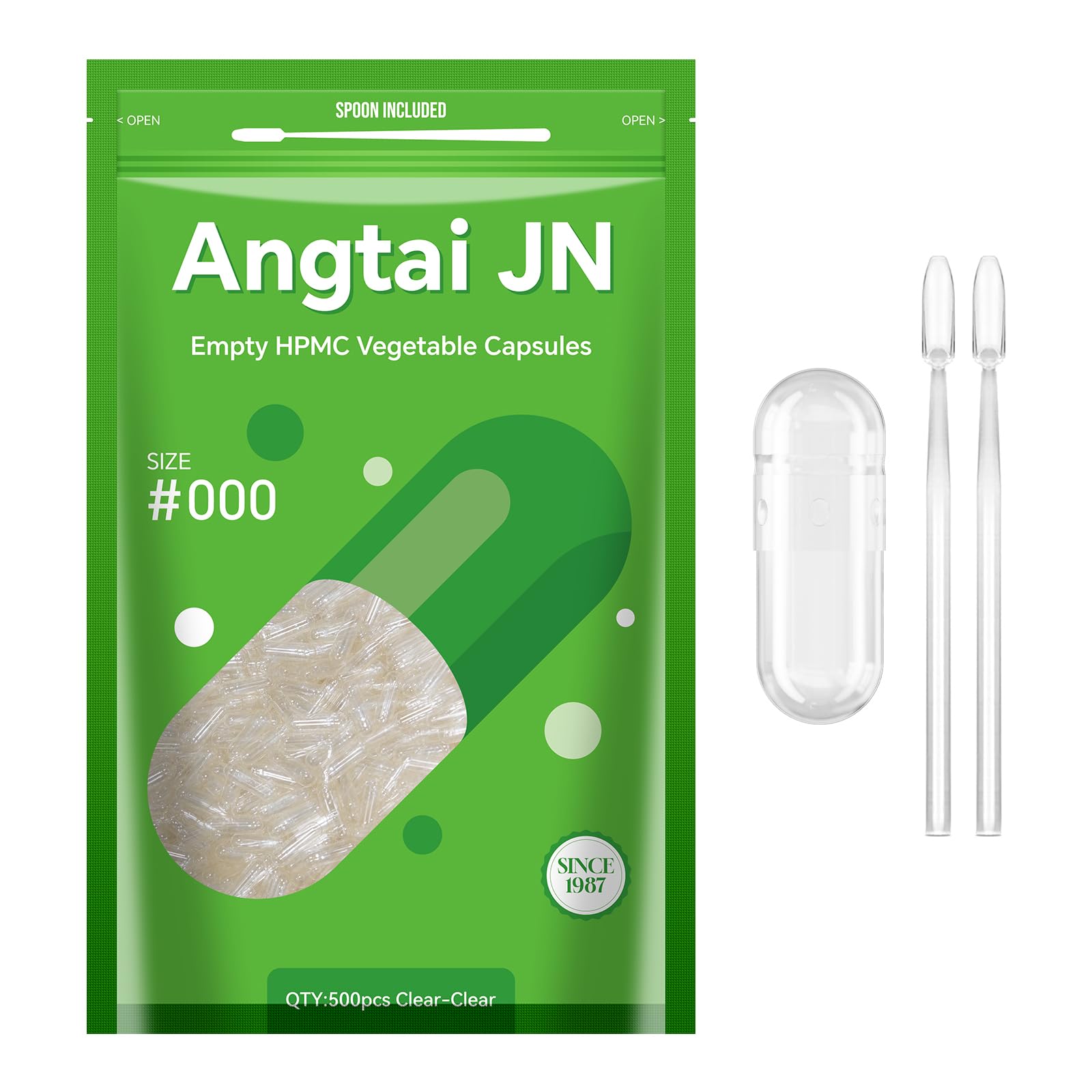 Angtai JN Capsules Size 000 Vegan Empty Plant Based Clear (500 Count) Gluten Free, Non-GMO, Halal Certified Pill Caps Filling Kit with 2 Spoons for Vegetarian DIY Your Own Supplements