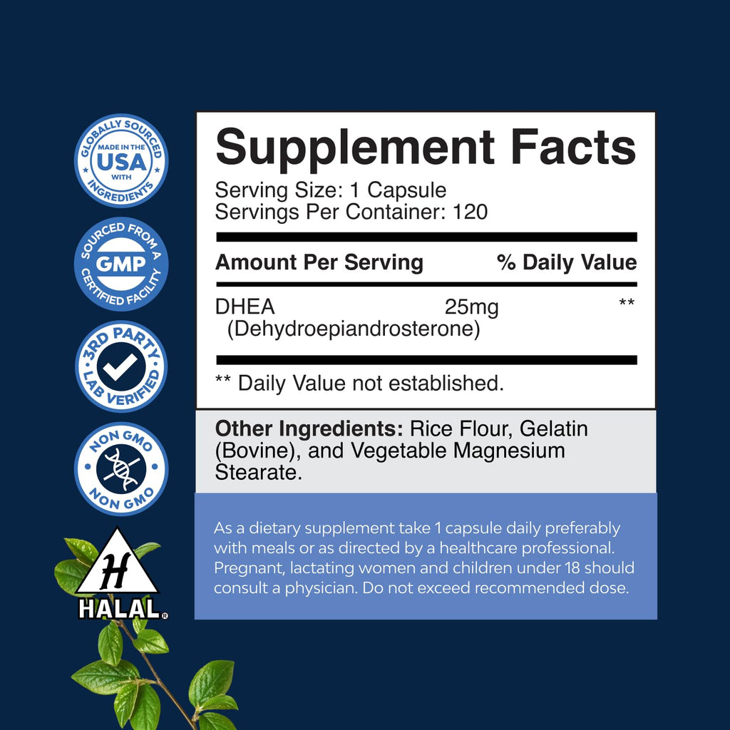 DHEA Supplement for Women & Men - DHEA 25mg per Serving for Hormone Balance, Mood Stability, Brain Function, Immune System & Energy - Dehydroepiandrosterone Capsules for Adults - 120 Count