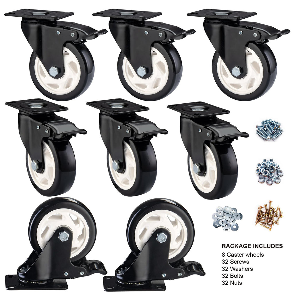 4 inch Caster Wheels, Casters Set of 8 Heavy Duty - CLOATFET Locking Swivel Casters with Brake (Top Plate), Non Marking Black Castor Wheels for Cart Furniture Workbench
