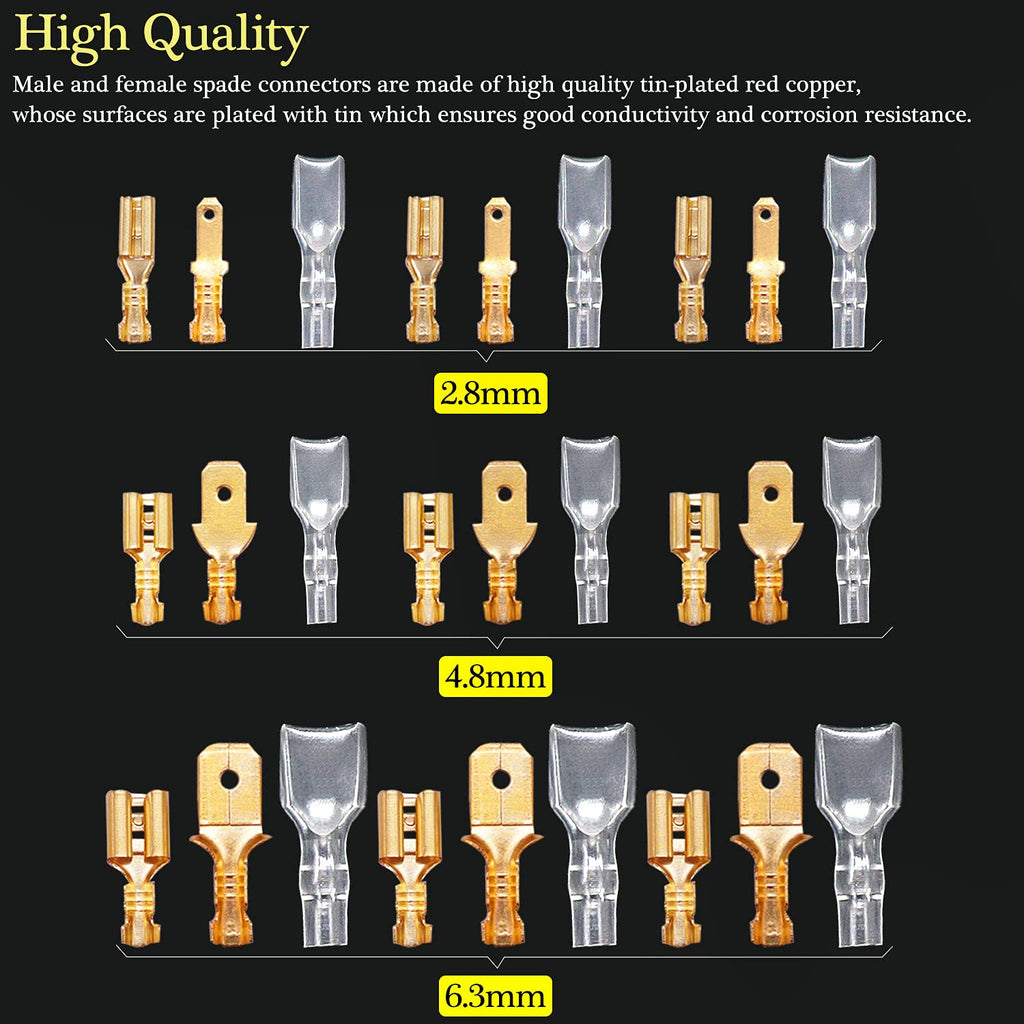 Twidec/360Pcs 2.8/4.8/6.3mm Quick Splice Male and Female Wire Spade Connector Crimp Terminal Block Assortment Kit Golden with Insulating Sleeve for Electrical Wiring Car with Wire Crimper Tool