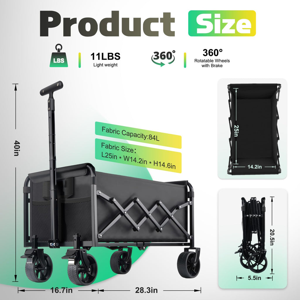 360LBS Collapsible Wagon Cart Foldable Heavy Duty, Shopping Cart with Brake