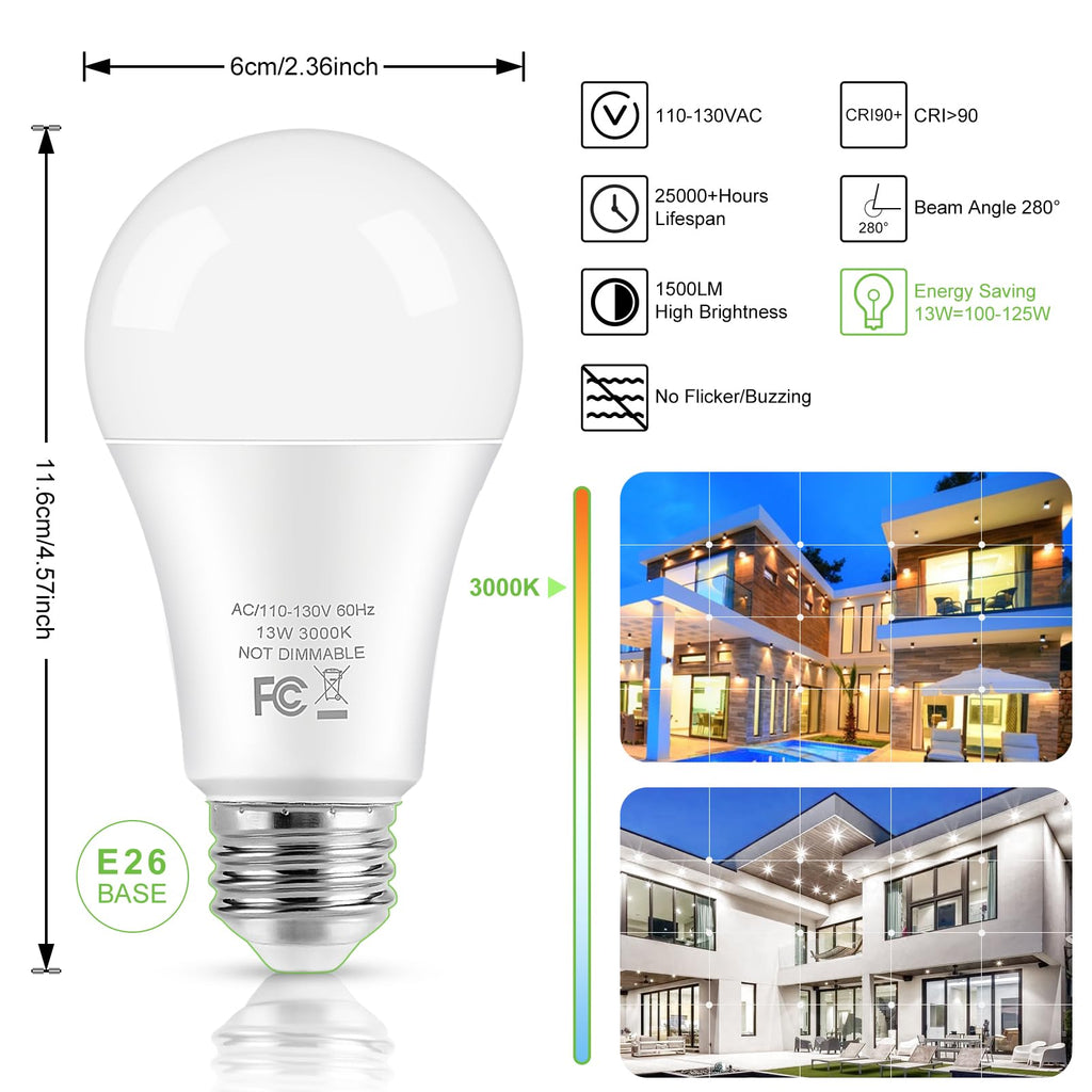 LED Light Bulbs, 100 Watt Equivalent A19 LED Bulbs, 13W 3000K Soft White 1500 Lumens Non-Dimmable Bright E26 Edison Medium Screw Bulbs for Home Bedroom Kitchen Living Room Office Lamp, 10-Pack
