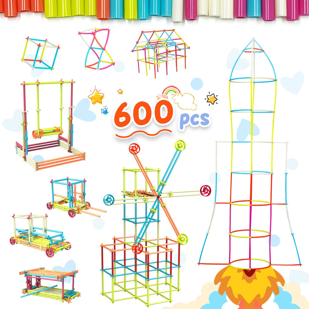 Straw Constructor STEM Building Toys Macaron 600Pcs Interlocking Gear Toy Sets for Kindergarten Classroom, Engineering Thin Tube Blocks for 3 4 5 6 7 Years Kids Toy for Boys and Girls Gift