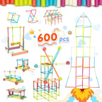 Straw Constructor STEM Building Toys Macaron 600Pcs Interlocking Gear Toy Sets for Kindergarten Classroom, Engineering Thin Tube Blocks for 3 4 5 6 7 Years Kids Toy for Boys and Girls Gift