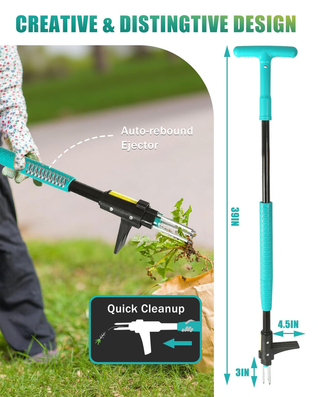 Breeze Touch 39" Weed Pulling Tool, 3-Claw Detachable Weed Puller Tool with Long Handle, Heavy Duty Stand Up Weeder Weeding Tool for Lawn, Yard, Garden, Crabgrass, Dandelion Picker, Weed Remover