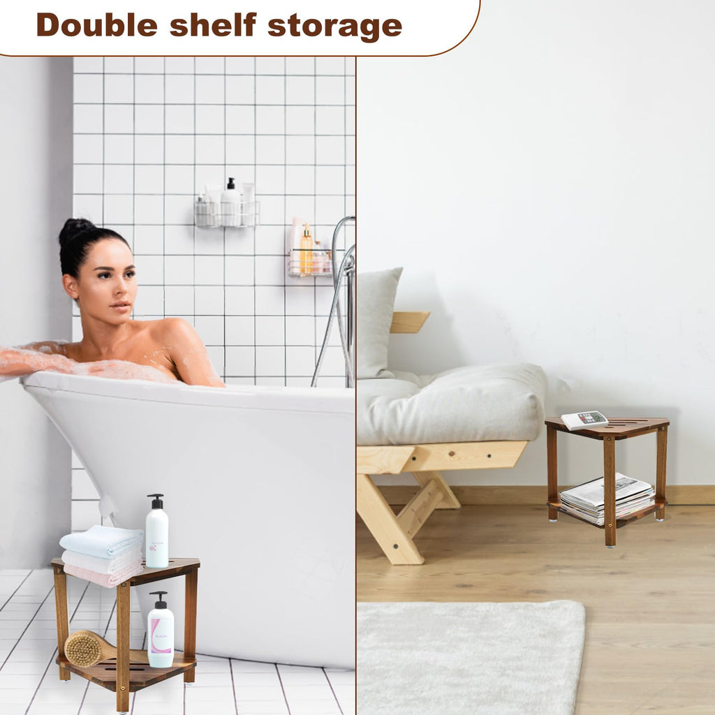 IBosins Corner Shower Stool with Storage Shelf Shower Foot Rest for Shaving Legs Small Bench for Inside Shower to Sit on Bath Seat - Acacia Wood