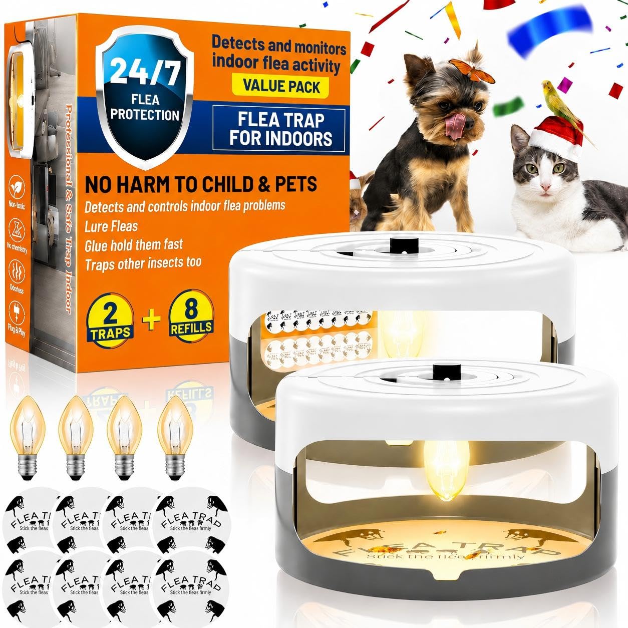 2 Pack Flea Traps for Inside Your Home, Indoor Flea Traps with 8 Sticky Pads, Flea Monitoring Trap for Home, Sticky Insect Catcher for Fleas, Moths & Gnats