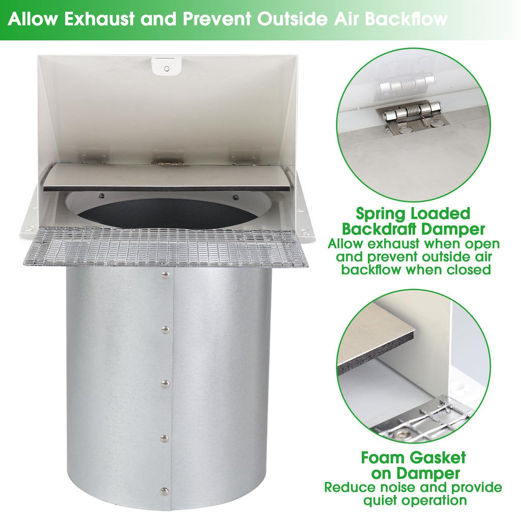 JYINCPED 10 Inch Hooded Wall Vent with Screen and Damper,Galvanized Steel Exterior Wall Exhaust Vent Cover Cap for Kitchen Range Hood Duct Ventilation Outside Air Exhaust Applications,White