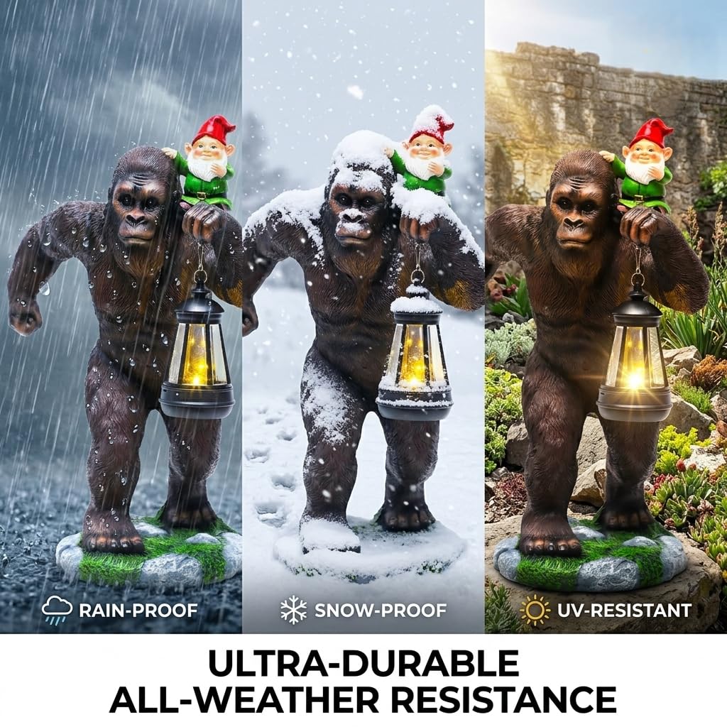 Solar Bigfoot Garden Statue with Gnome & Lantern, 16 Inch Sasquatch Decor