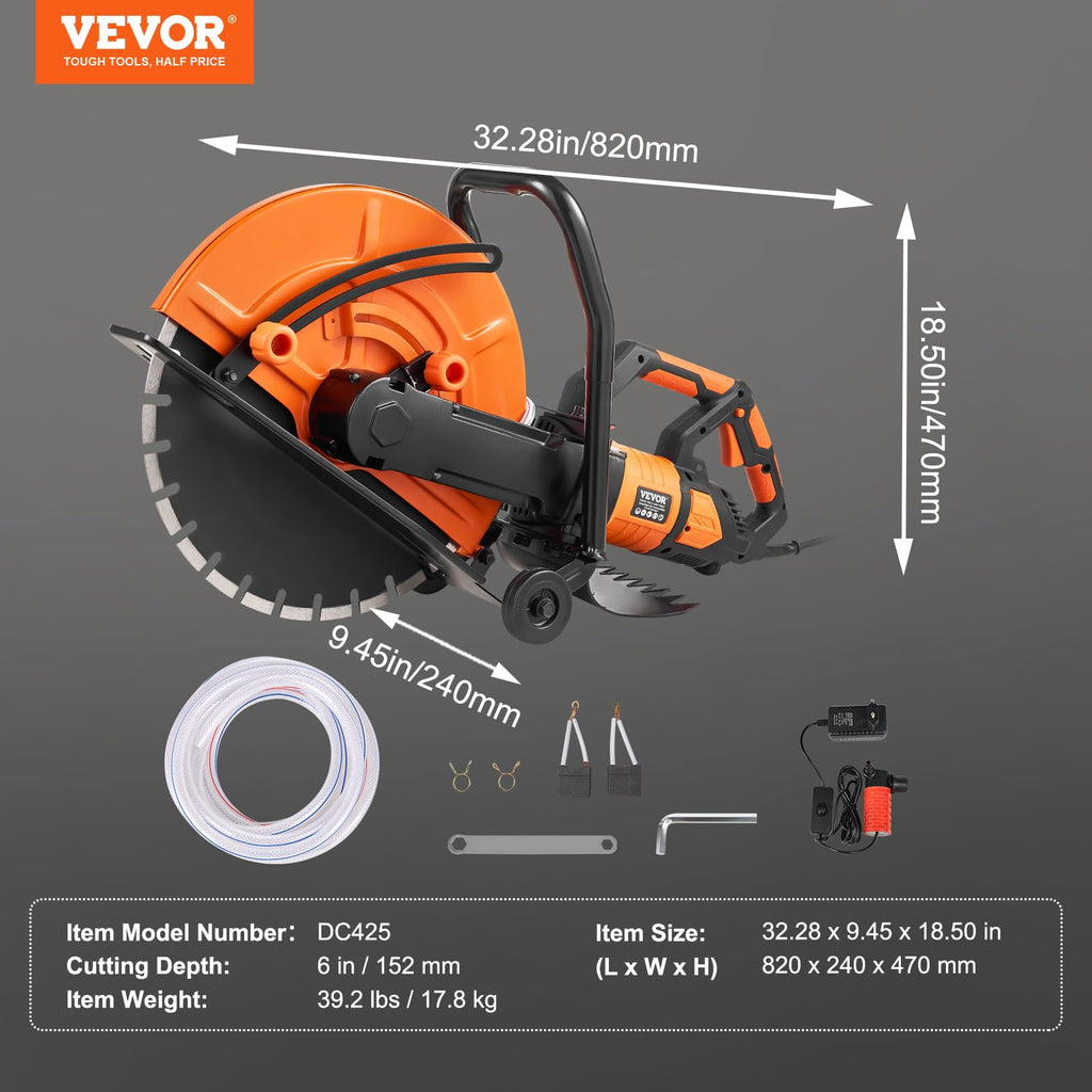 VEVOR Electric Concrete Saw, 16 in, 3200 W Motor Circular Saw Cutter with Max. 6 in Adjustable Cutting Depth, Wet Disk Cutter Includes Water Line, Pump and Blade, for Stone, Brick