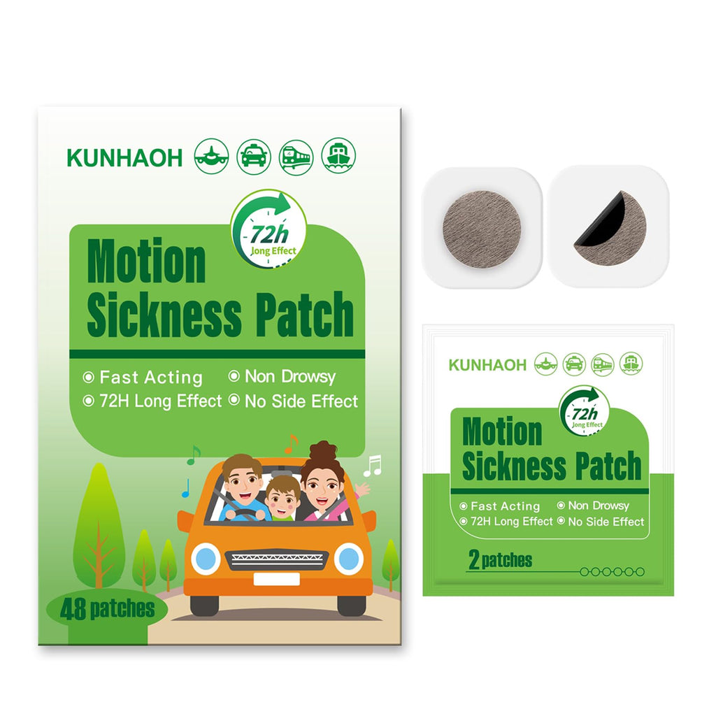 KUNHAOH Motion Sickness Patches Non Drowsy, 100% Natural Sea Sickness Patch(Efficient– Lasts 72 Hours)-for Car Airplane Ship Altitude Sickness(Travel Essentials 2026)-for Adults and Kids(48 Count)