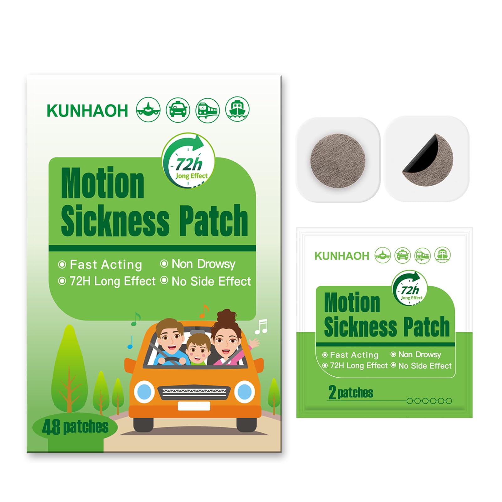 KUNHAOH Motion Sickness Patches Non Drowsy, 100% Natural Sea Sickness Patch(Efficient– Lasts 72 Hours)-for Car Airplane Ship Altitude Sickness(Travel Essentials 2026)-for Adults and Kids(48 Count)
