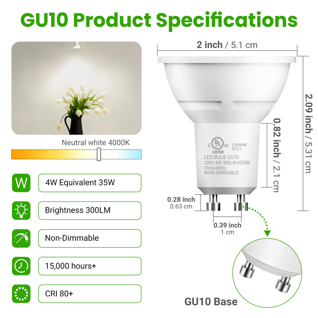 TJOY GU10 LED Bulbs, MR16 Track Light Bulbs, 4W 4000K Neutural White, 6P
