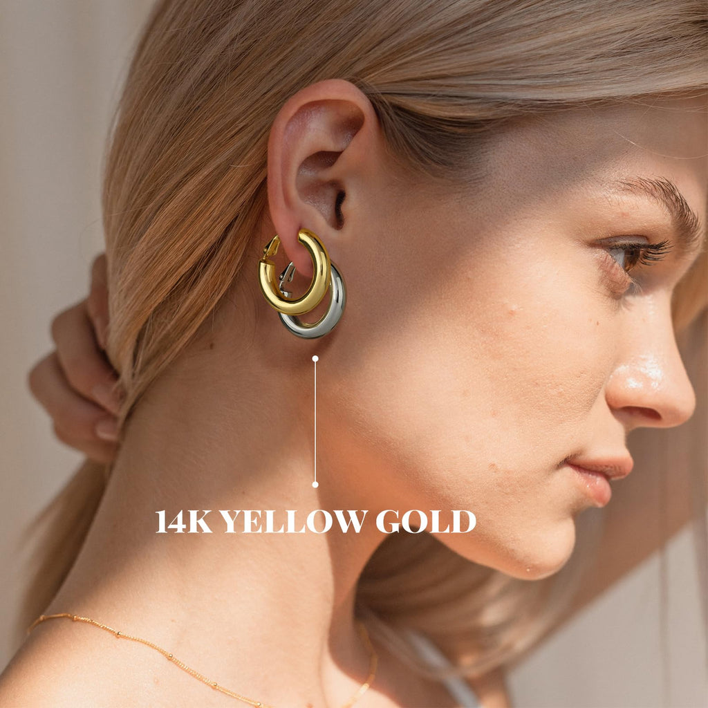 SHOWNII Chunky Gold Hoop Earrings - 14K Gold Plated Earrings for Women Hollow Tube Lightweight Thick Hoops Valentines Mother's Day Birthday Gifts