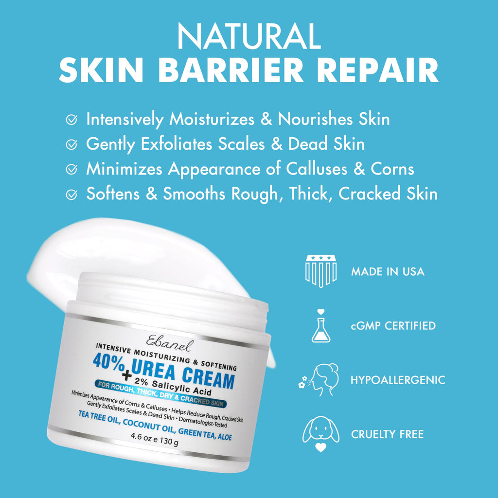 Ebanel Urea Cream 40% plus Salicylic Acid 2%, Foot Cream for Dry Cracked Heels Feet Knees Elbows Hands, Foot Dead Skin Cuticle Callus Remover Toenail Softener, Keratolytic Skin Barrier Repair, 6-Pack