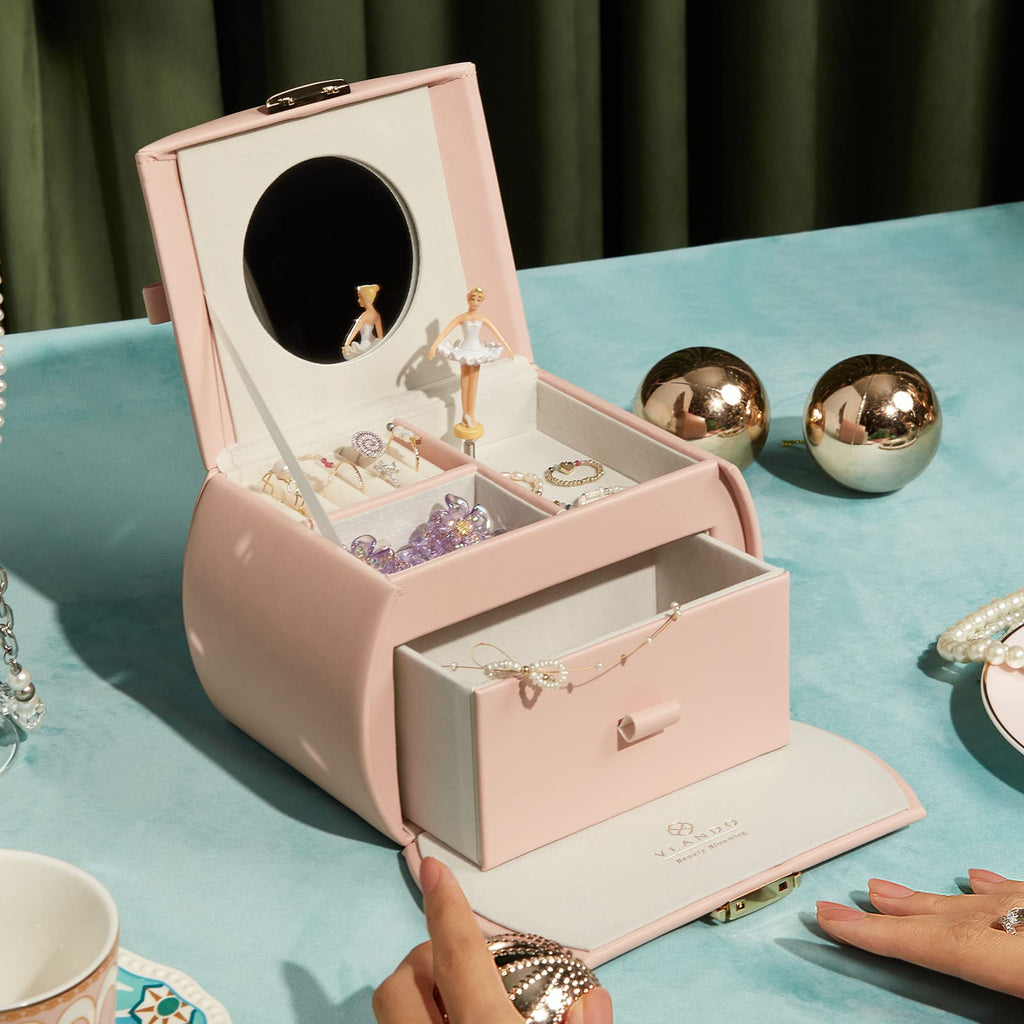 VLANDO 2 Layer Girls Musical Jewelry Box with Ballerina and Large Drawers