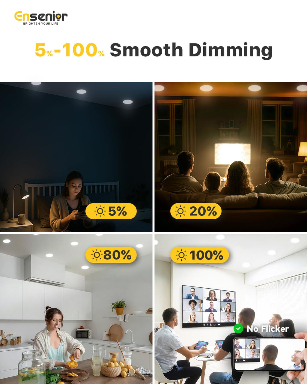 Ensenior 6 Pack 6 Inch LED Recessed Light, Dimmable, 2700K-5000K 5CCT, 1200LM High Brightness, 12W 120V, Damp Rated, ERL-12X-ETL, Ultra-Thin Canless Wafer Ceiling Light - ETL & FCC & IC