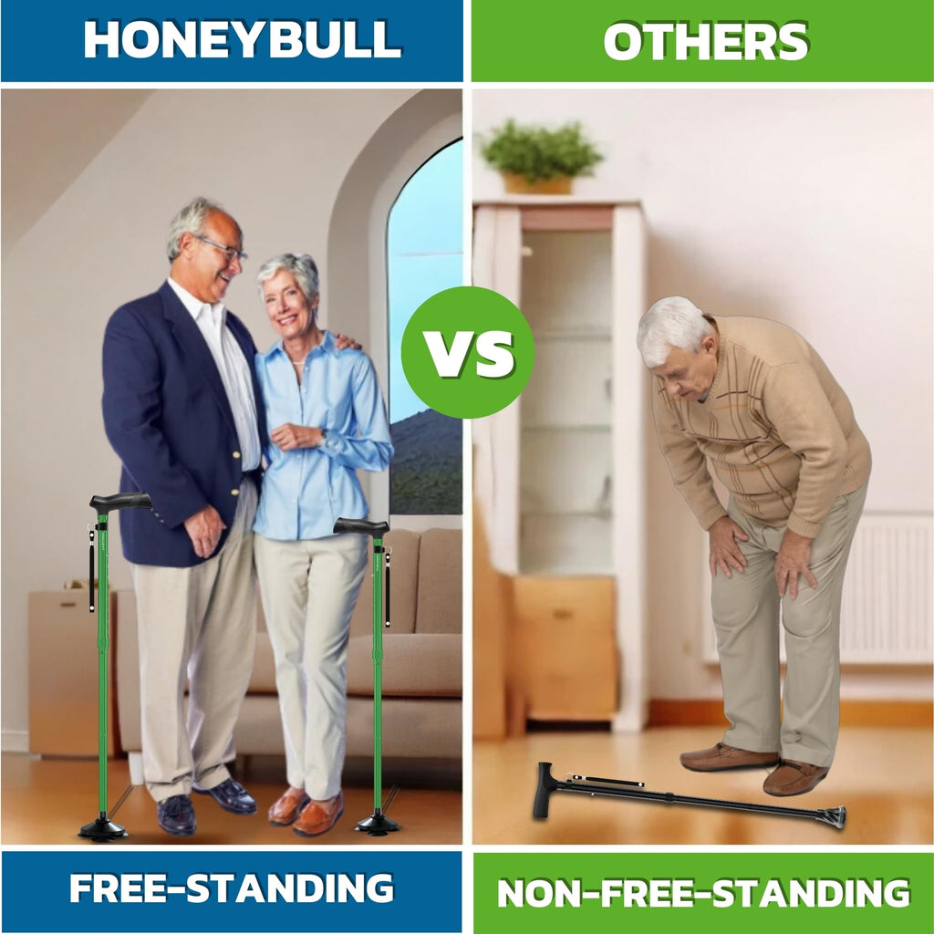 HONEYBULL Walking Cane for Men & Women Foldable, Adjustable, Heavy Duty, Free Standing, All Terrain, Collapsible Walking Sticks for Seniors & Adults (Green)