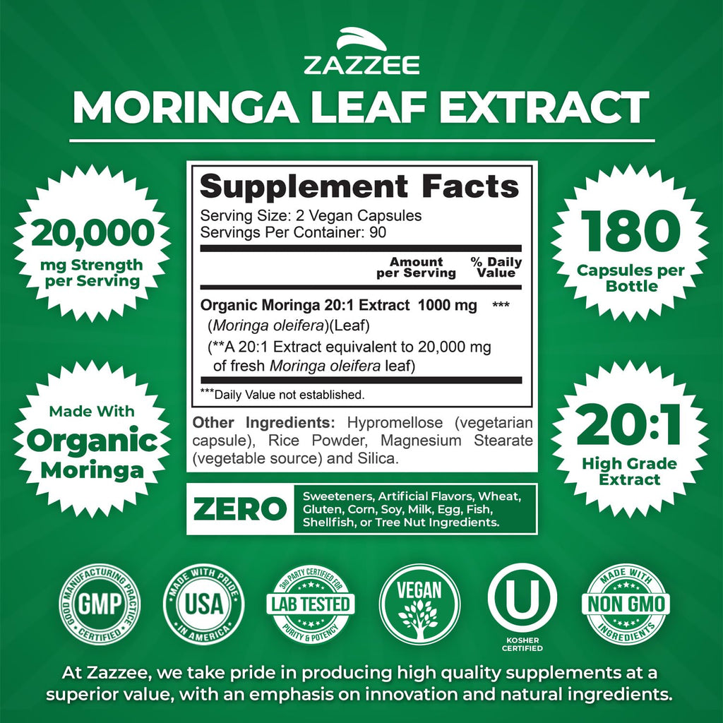 Zazzee USDA Organic Moringa Oleifera Leaf Extract 20:1, 20,000 mg Equivalent, 180 Vegan Capsules, Certified Kosher, High Potency Superfood Supplement, Antioxidant & Cellular Support, Made in The USA