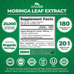 Zazzee USDA Organic Moringa Oleifera Leaf Extract 20:1, 20,000 mg Equivalent, 180 Vegan Capsules, Certified Kosher, High Potency Superfood Supplement, Antioxidant & Cellular Support, Made in The USA