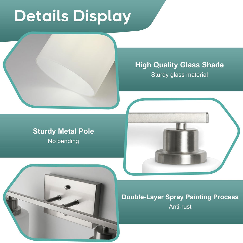 Ascher Bathroom Light Fixtures, 2-Light Vanity Light Over Mirror, Brushed Nickel Wall Sconces with Milky White Frosted Glass Shades, Wall Lamp for Living Room Bedroom, E26 Base(Bulbs Not Included)