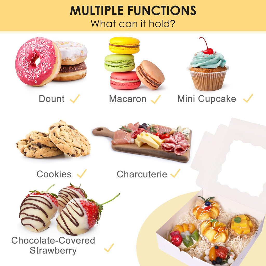 Moretoes 30pcs Bakery Boxes, 8x8x2.5 Cookie Boxes with Window, White Treat Containers for Donuts, Chocolate Strawberries, Pie, Birthday Party, Mother's Day, Weddings