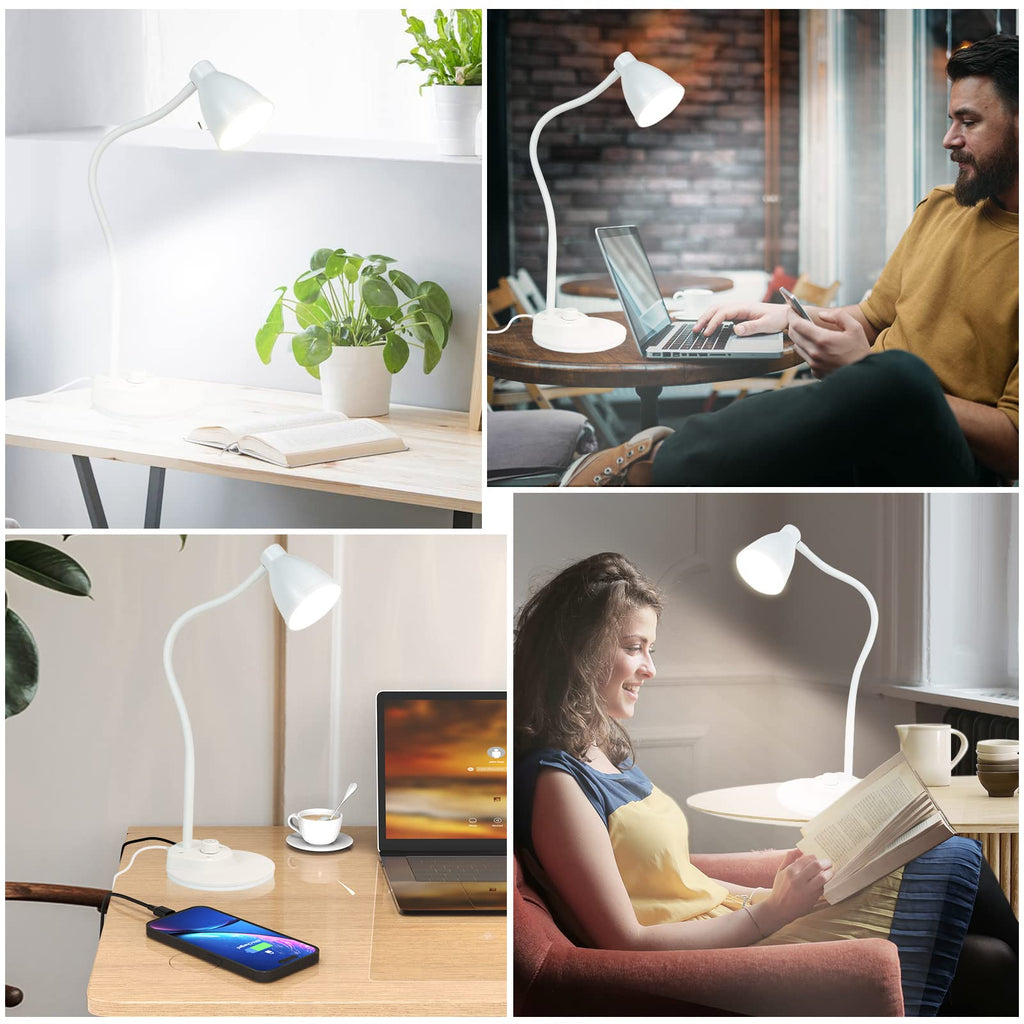 BOHON LED Desk Lamp with USB Charging Port, 3 Color Modes Dimmable Reading Lamp, Auto Dimming Task Lamp, Flexible Neck Table Light for Dorm Bedside, Adapter Include, White