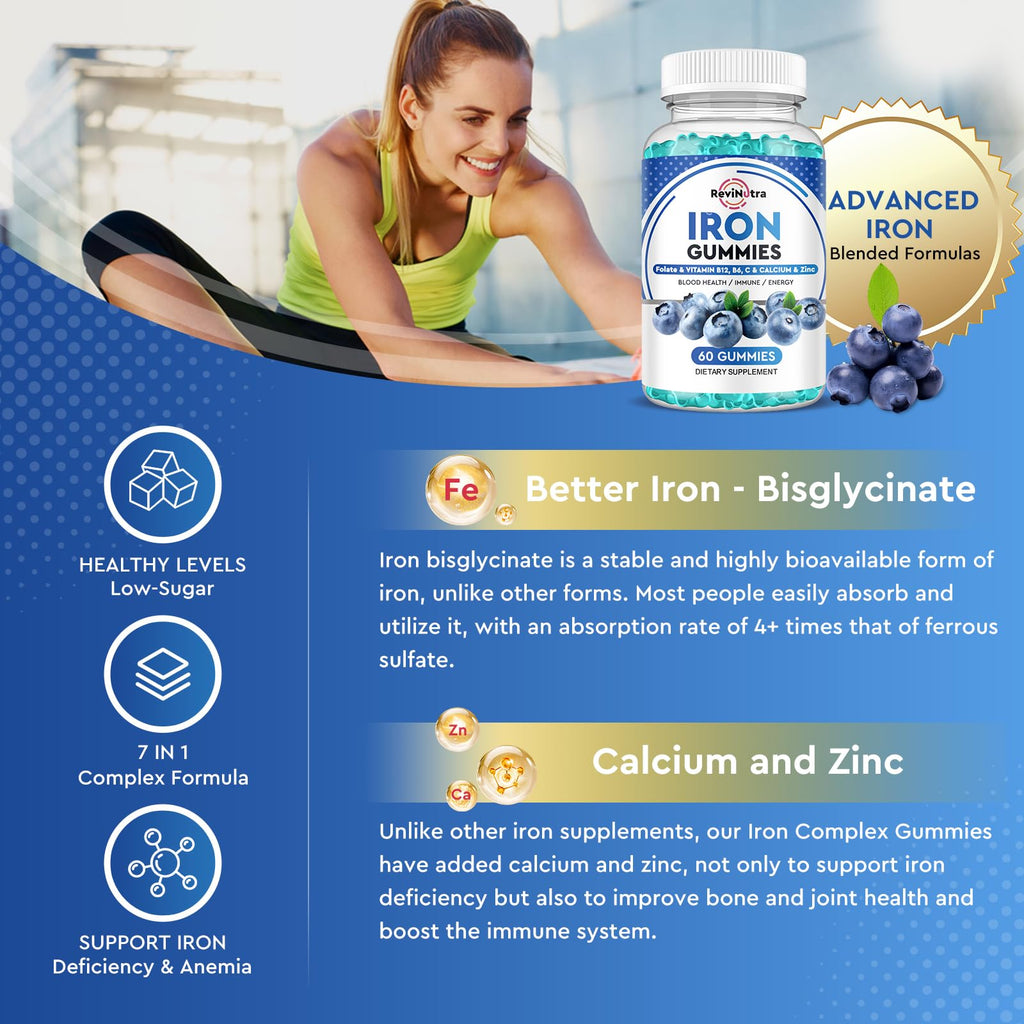 Iron Gummies - with Calcium, Zinc, Folate & Vitamin B12, C,B6 for Adults & Kids - Blood Builder & Energy Support for Iron Deficiency, Anemia, Vegan - Blueberry Flavor, 60 Gummies