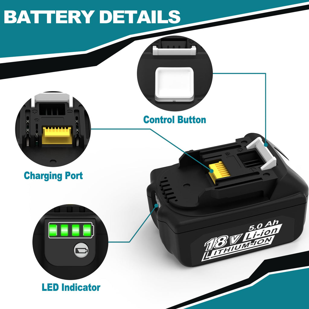 CHAUNVEN 2 Packs 5.0Ah 18V Battery Replacement for Makita 18V Battery BL1850B BL1840B 1860B BL1830B BL1815B Compatible with Makita 18 Volt Cordless Power Tool and Charger