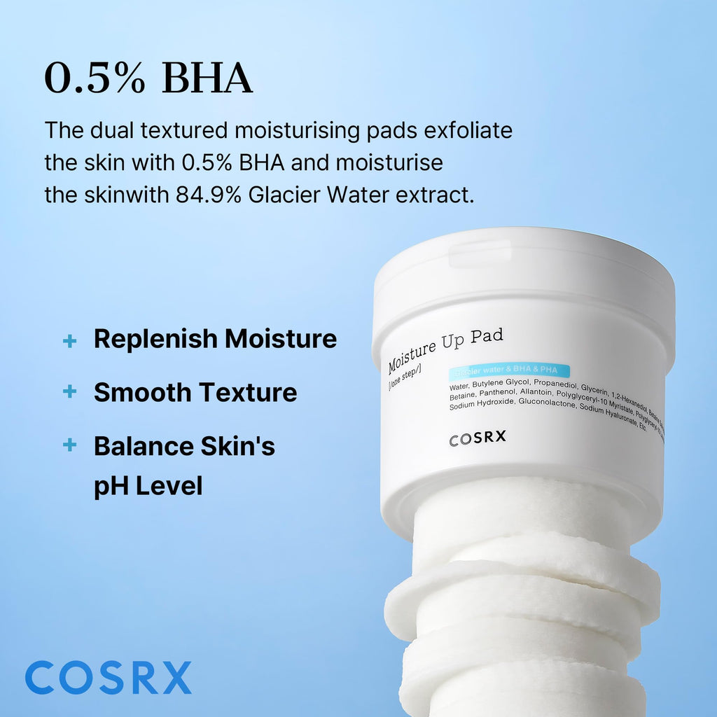 COSRX Moisture Up Pads 70 Sheets, BHA, Gentle Daily Exfoliant for Sensitive Skin, Preventing Breakouts, Moisturizing, Nourishing, Blemish Care, Korean Skin Care