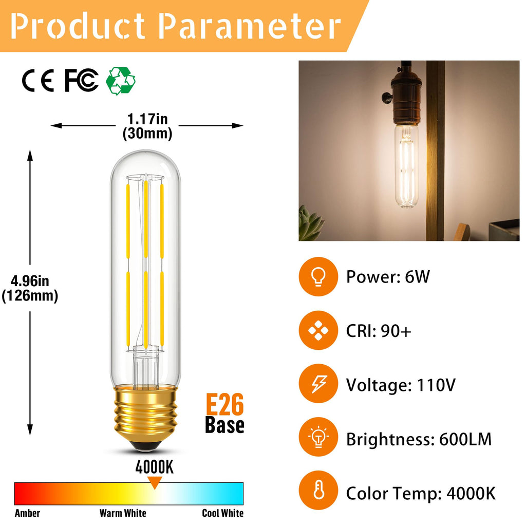 Dimmable E26 T10 LED Bulb Tube Light Bulbs 6W(60W Equivalent),Tubular Light Bulb Type T Long Thin Skinny Light Bulbs for Curio Cabinet,Piano Light,Chandelier,Hutch,4000K Neutral White 600LM,4 Pack