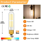 Dimmable E26 T10 LED Bulb Tube Light Bulbs 6W(60W Equivalent),Tubular Light Bulb Type T Long Thin Skinny Light Bulbs for Curio Cabinet,Piano Light,Chandelier,Hutch,4000K Neutral White 600LM,4 Pack