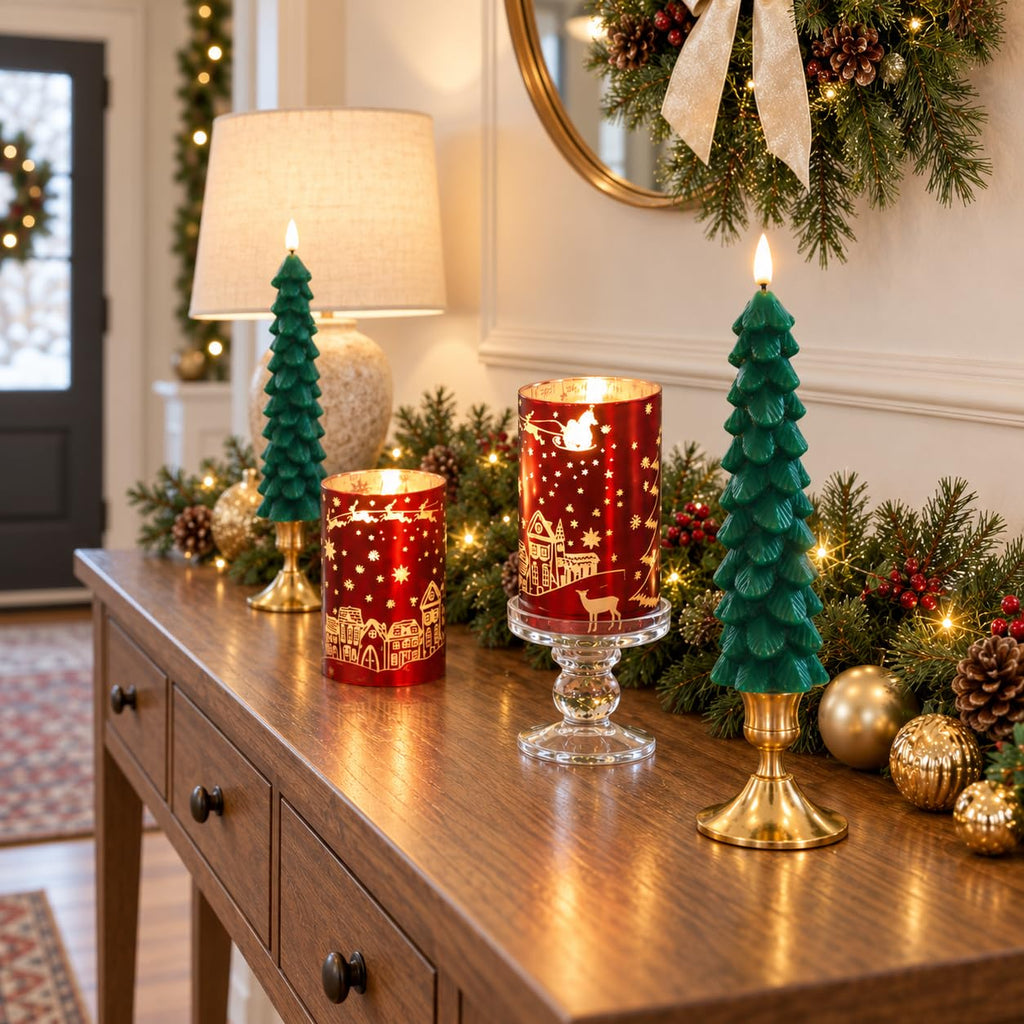 MUMCHASI Chritsmas Flameless Candles, Battery Operated Christmas Candles, Real Wax Glass Flickering LED Candles, Tree Candlestick for Home Christmas Decor, Remote Timer