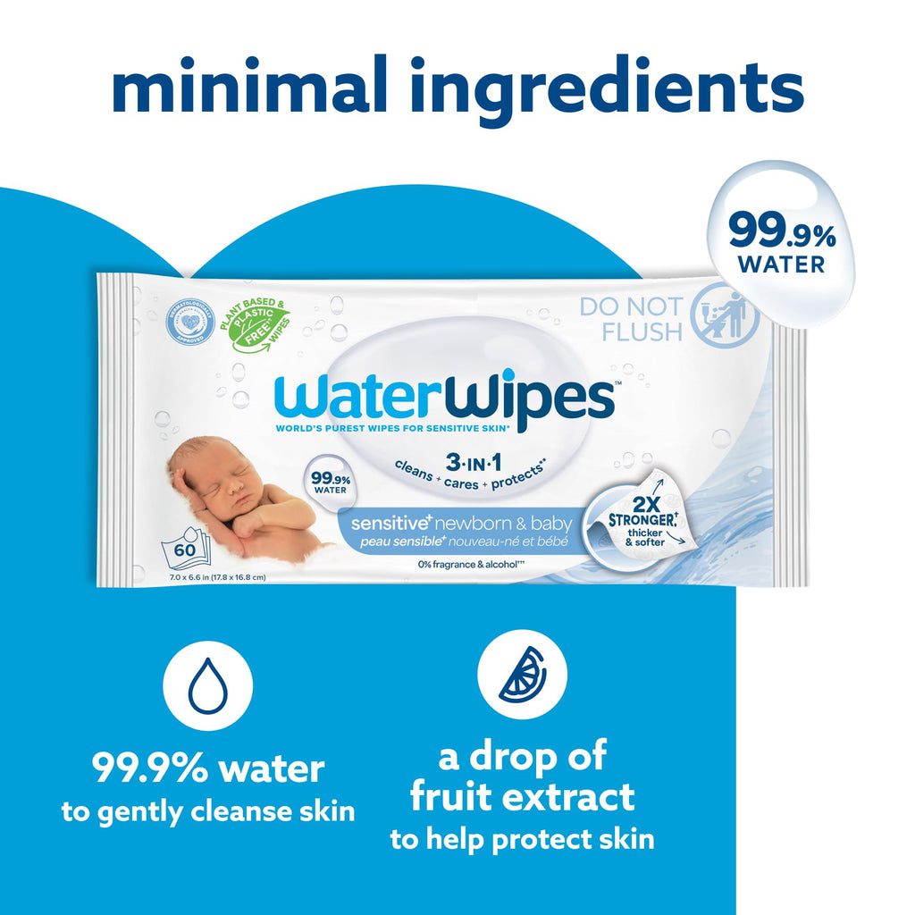 WaterWipes Sensitive+ Newborn & Baby Wipes, 3-In-1 Cleans, Cares, Protects, 99.9% Water, Unscented & Hypoallergenic, 720 Count (12 Packs)