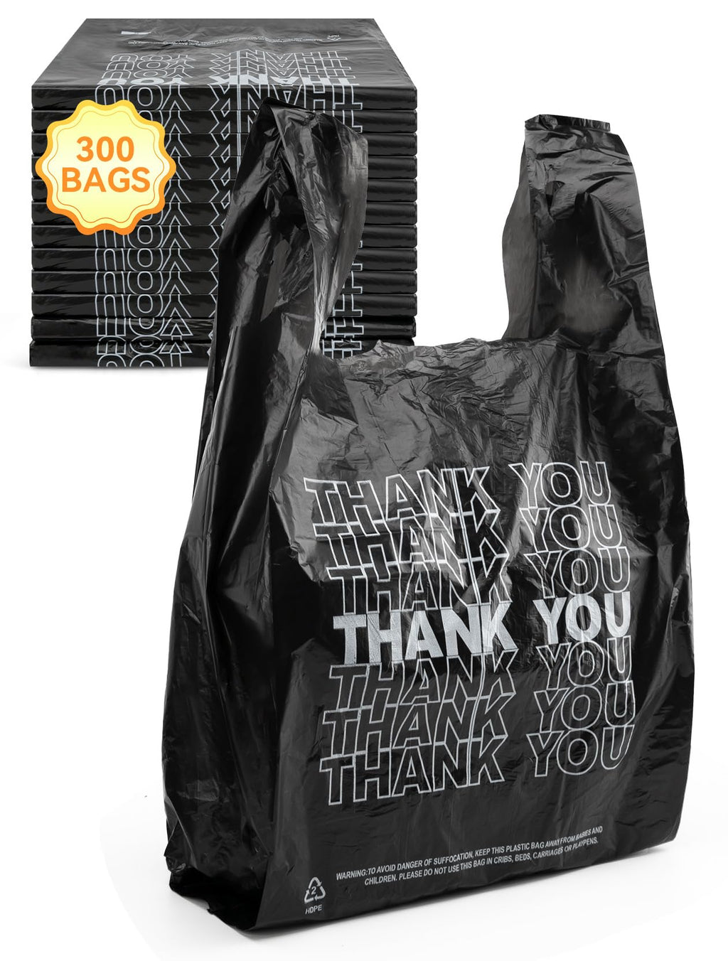 UMT Plastar 300 Count Thank You Plastic Bags, 12" x 6" x 22", 15 Mic Black T Shirt Grocery Bags with Handles, Ideal for Restaurants, Retail, Grocery Stores, Takeout, Convenience Stores
