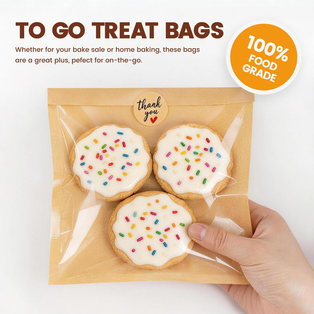 Foranda 200 Pack Cookie Bags with Seal, 7.1x7.5 Inch Heat Sealable Bakery Bags with Window Grease Resistant Paper Packaging Sleeves for Bake Sale Bagel, Cake Slice, Sandwich, Donut, Pastry