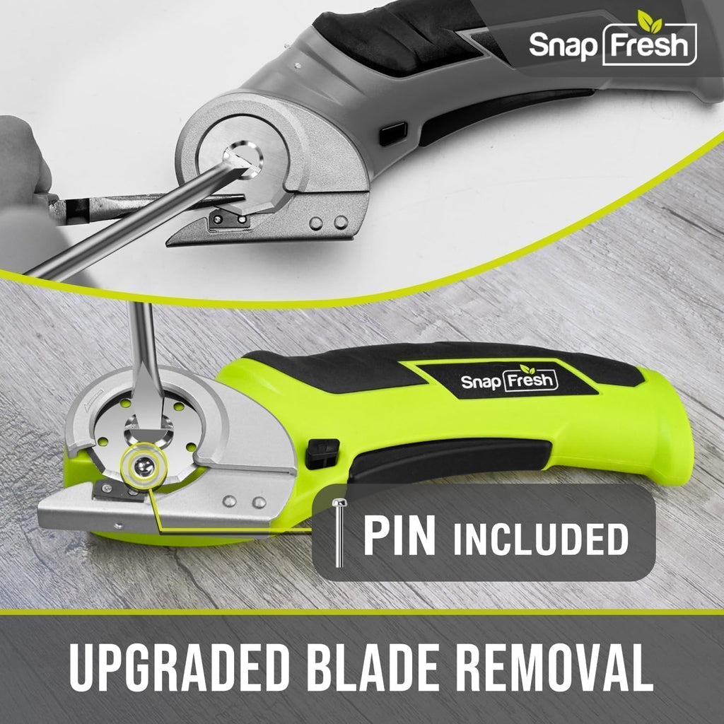 SnapFresh Cordless Electric Scissors, 4V Electric Mini Box Cutter, Carpet & Cardboard Cutter Tool with a Replacement Blade/Charger, Rotary Cutter for Cardboard Packages Leather Plastic （Green）