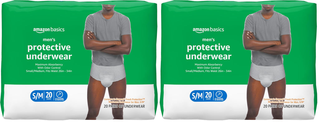 Amazon Basics Maximum Absorbency Incontinence Underwear for Men with Leak Protection, Dri-Fit Technology, Odor Control, Cotton Enhanced, Small/Medium, 20 Count (Pack of 2)