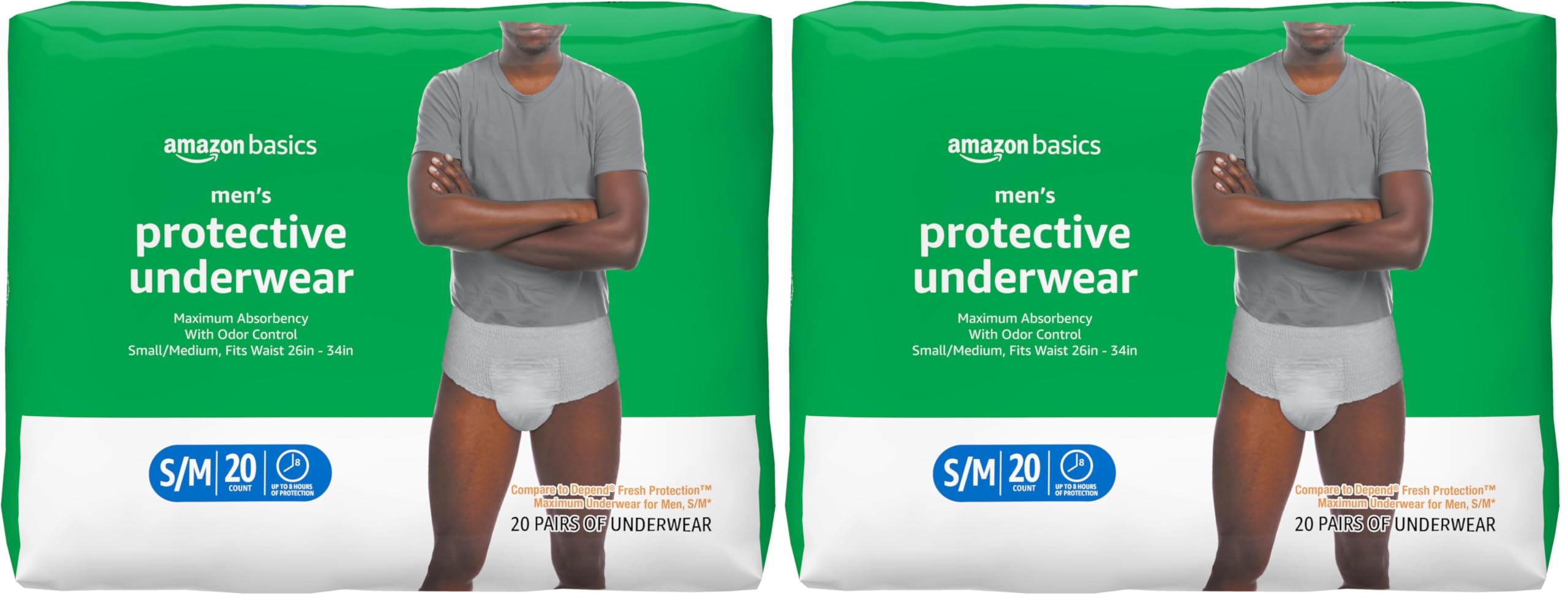 Amazon Basics Maximum Absorbency Incontinence Underwear for Men with Leak Protection, Dri-Fit Technology, Odor Control, Cotton Enhanced, Small/Medium, 20 Count (Pack of 2)