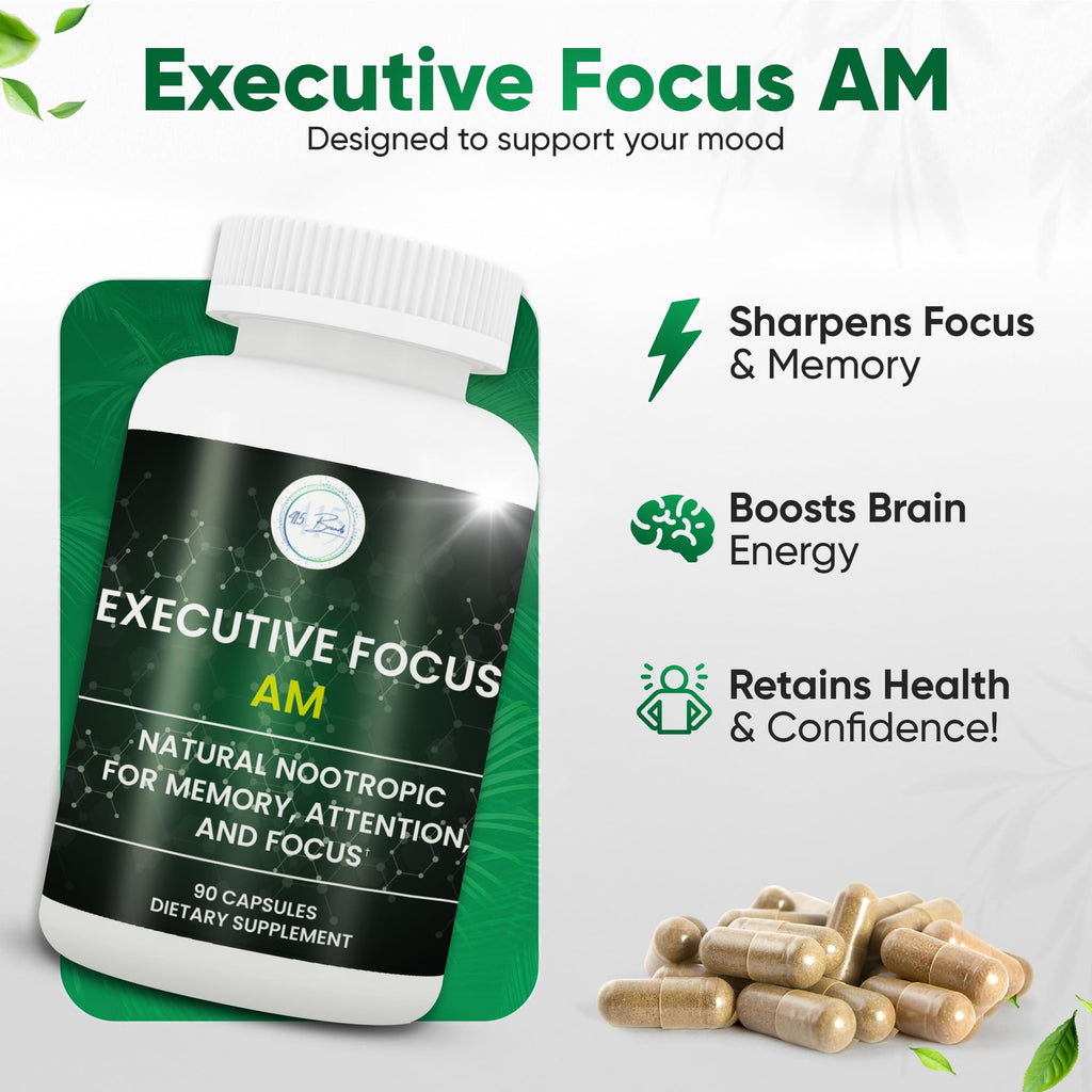 Executive Focus AM Nootropic Brain Supplement – Memory, Focus & Mental Clarity Support – Clean Energy Without Jitters – Cognitive Boost for Attention & Productivity – 30 Day Capsules