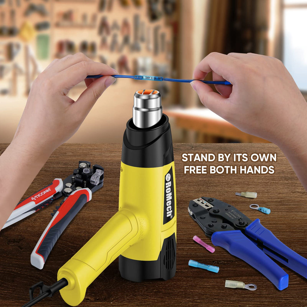 ROMECH 1500W Heavy Duty Heat Gun, Variable Temperature Control Hot Air Gun Kit with 2 Air Flow 120°F~1200°F and 4 Nozzles for Crafts Shrink Wrap (Yellow)